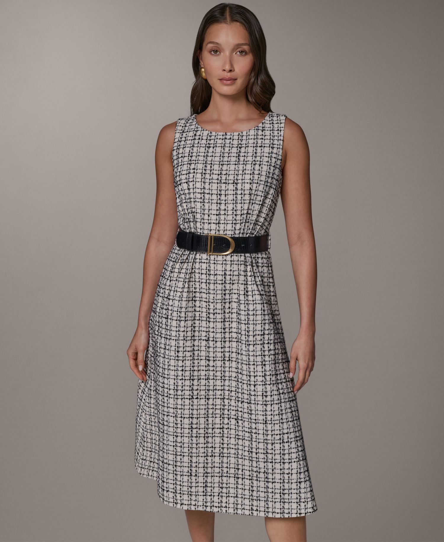 Women's Sleeveless Plaid Tweed Belted A-Line Dress