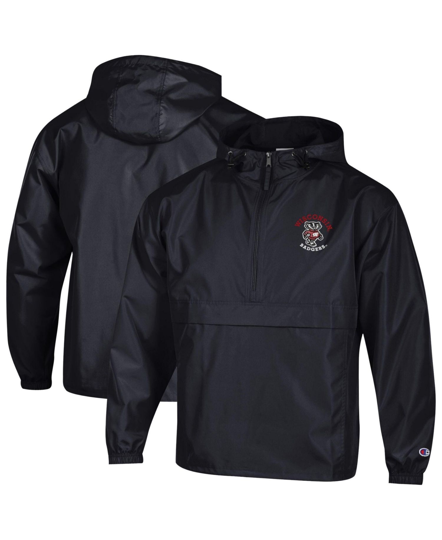 Men's Black Wisconsin Badgers Packable Hooded Windbreaker Half-Zip Jacket