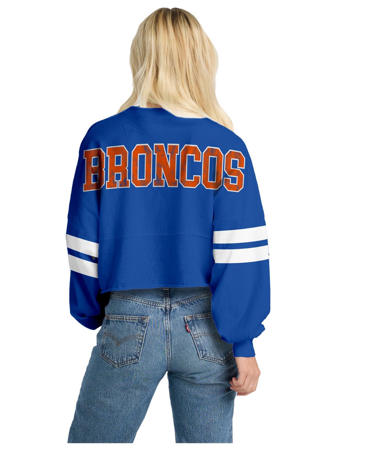 Women's Navy Denver Broncos Oversized Cropped Stripe Long Sleeve T-Shirt