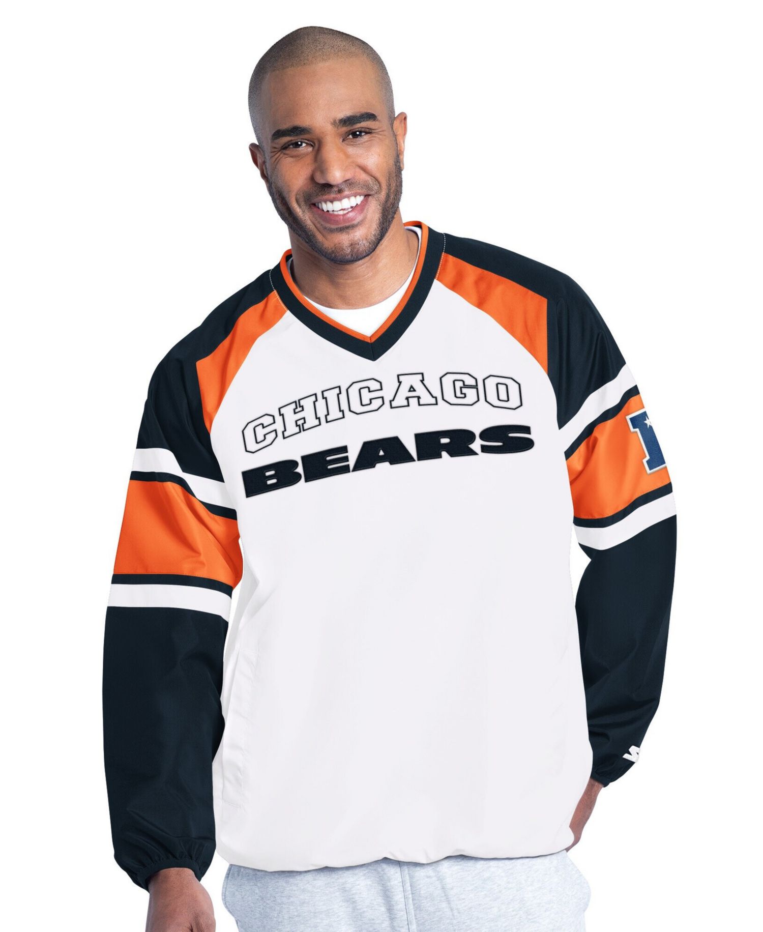 Men's White Chicago Bears Infield Play Raglan V-Neck Pullover Jacket
