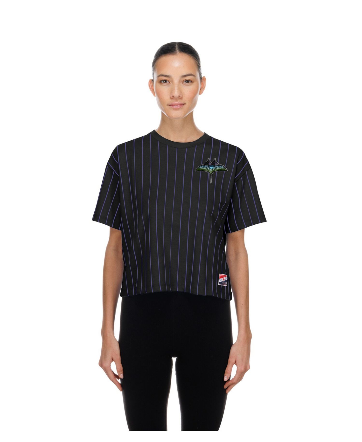 Women's Black Tampa Bay Rays City Connect Throwback Meshback Pinstripe Boxy T-Shirt