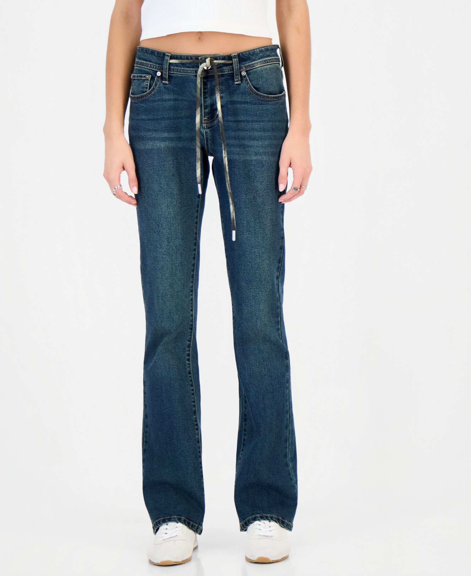 Juniors' Plaid Inner Drawstring Bootcut Jeans
