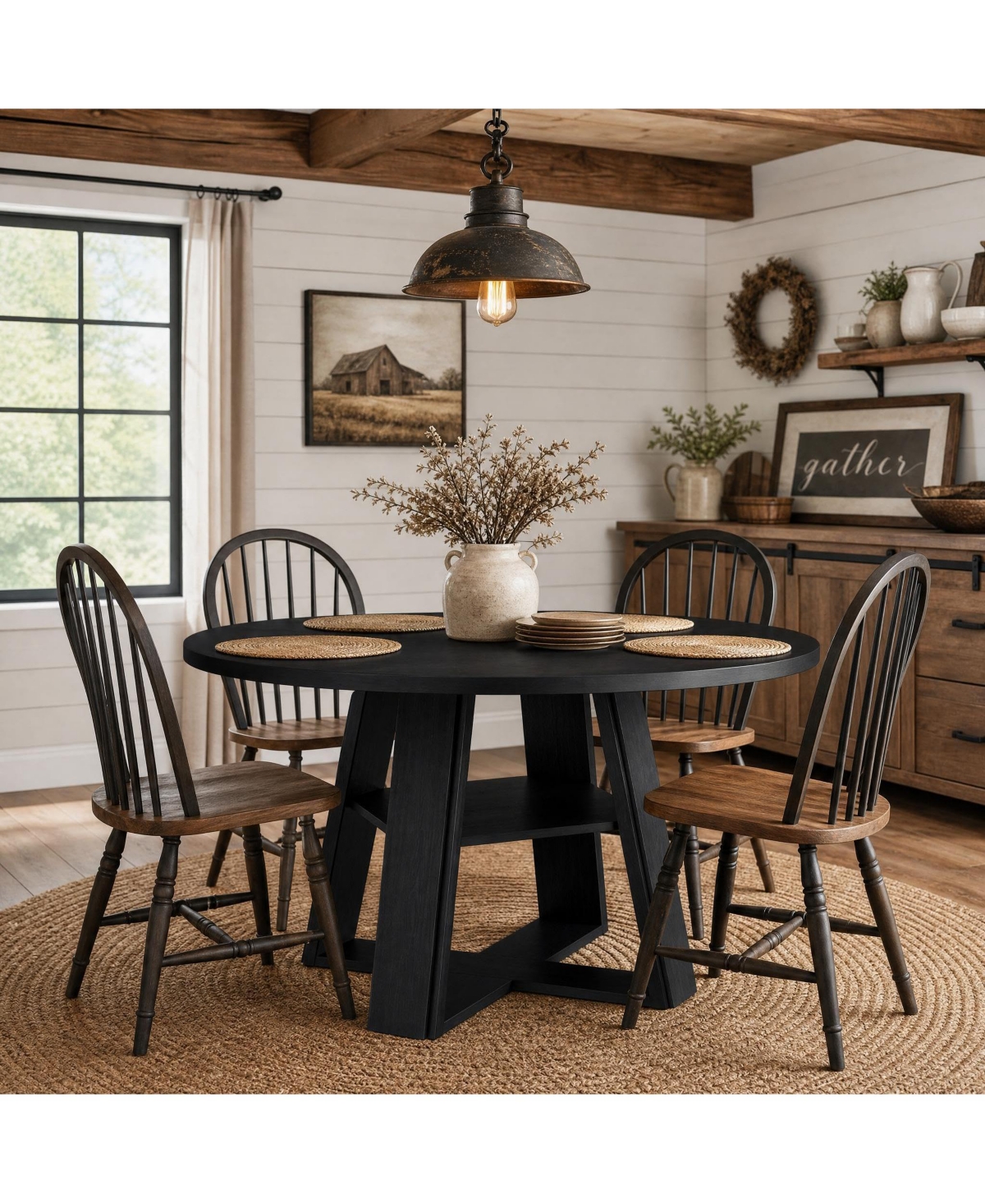 gaomon 43" Round Modern Farmhouse Dining Table for 2-4, Circular Kitchen with Pedestal Base and Storage Shelf, Compact Room