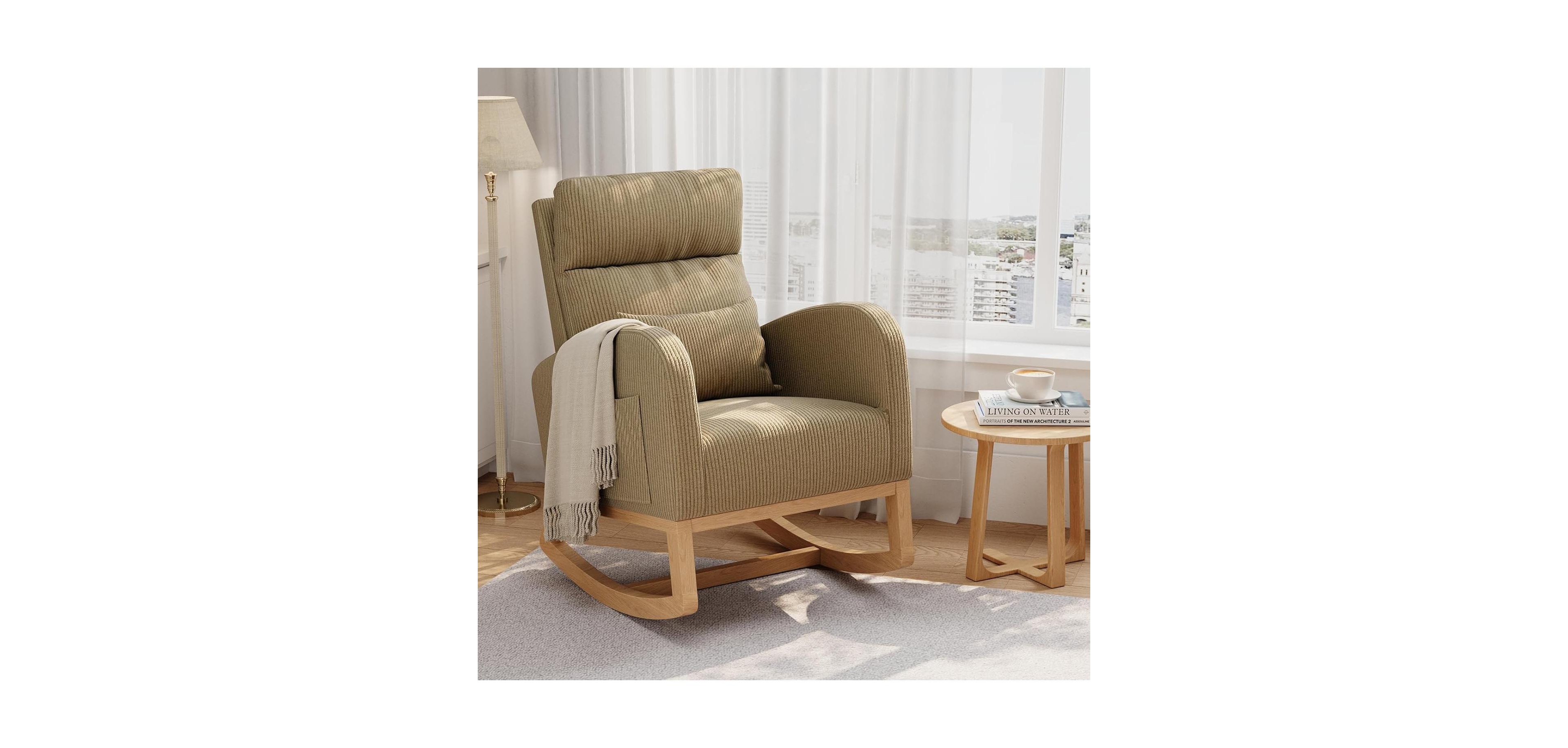 gaomon Corduroy Rocking Chair, Modern Nursery Glider Chair with Side Pockets and Pillow, Rocker Chair for Living Room Bedroom Nursing Room