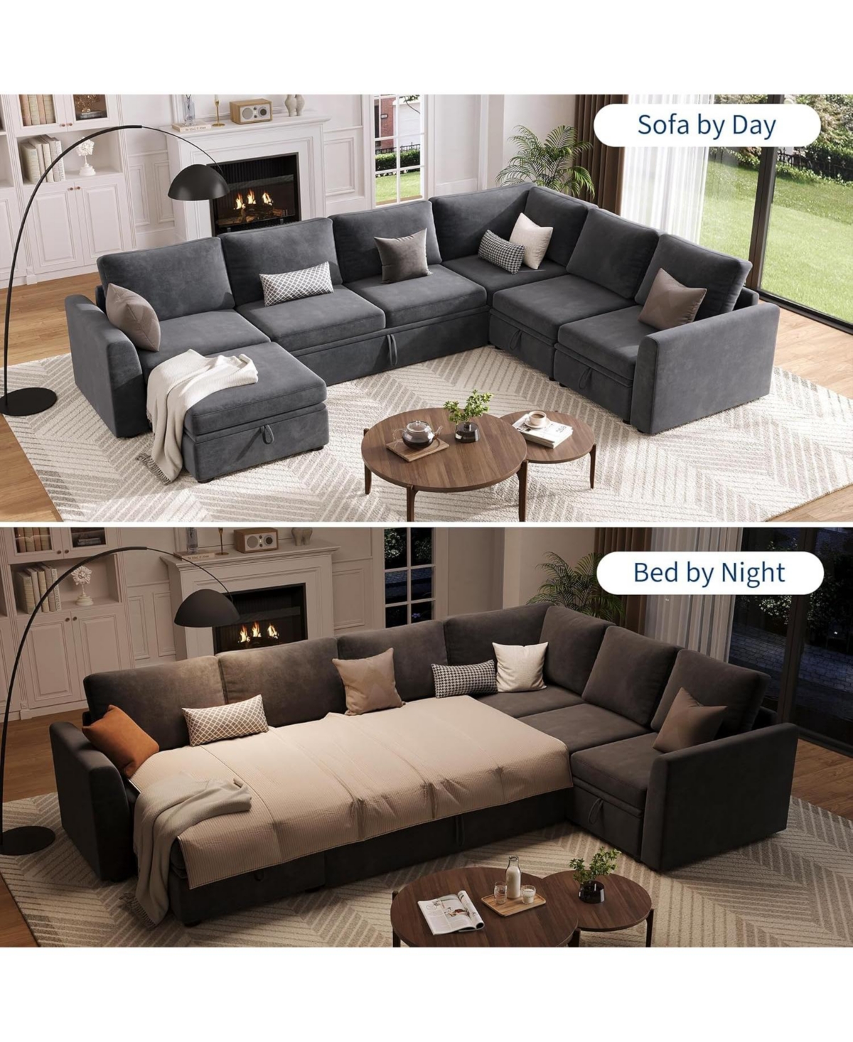 gaomon Chenille Fabric Sectional Couches with Pull-Out Bed and Large Storage for Living Room, Sturdy Wooden Frame Tool-Free Assembly