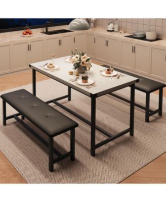 Dining Table Set for 4, Kitchen Table with 2 Upholstered Benches, Wood Kitchen Dining Room