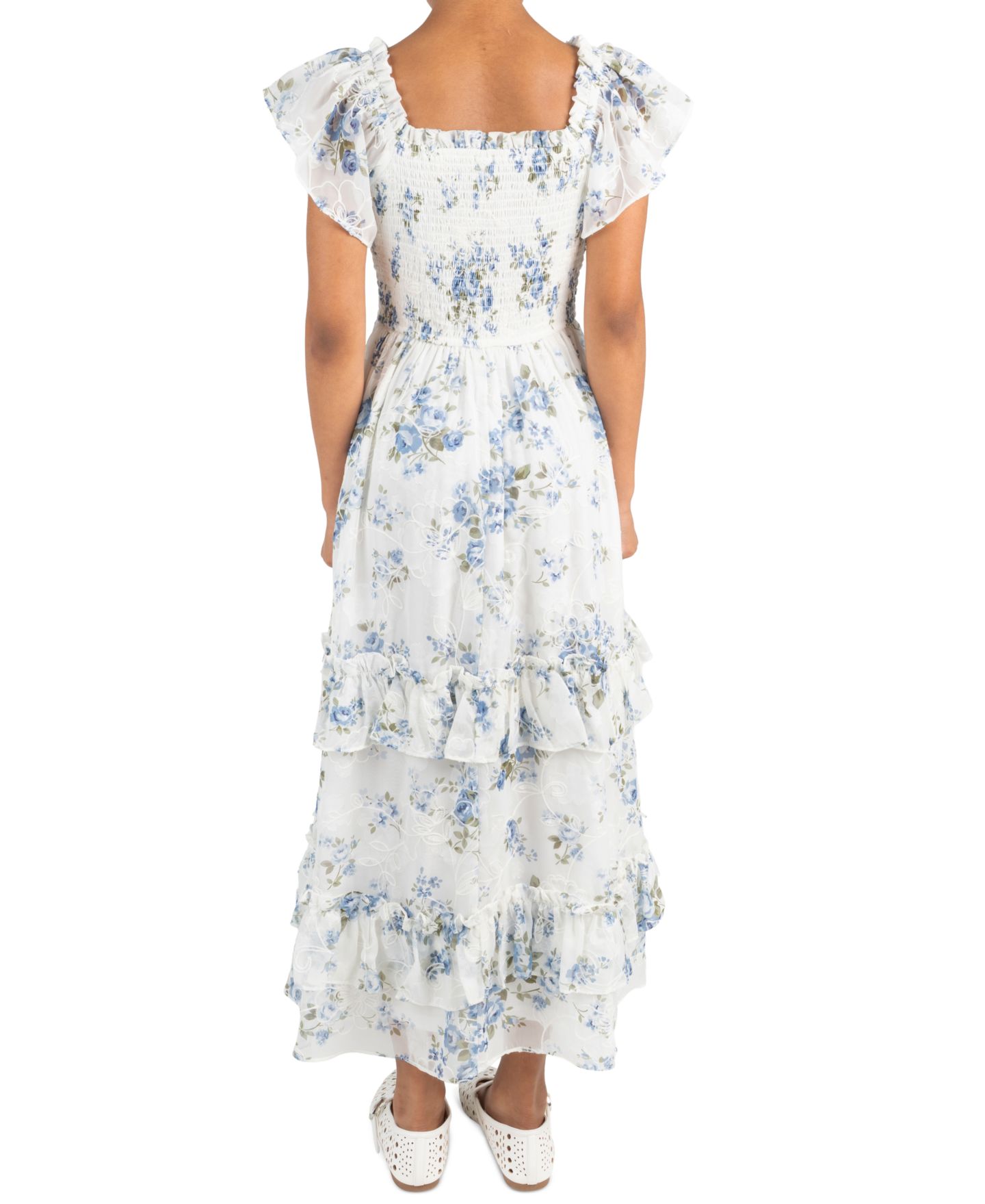 Платье Rare Editions Floral Print Chiffon Smocked Flutter Sleeve Midi Dress для девочек, цвет: Белый — фото 3