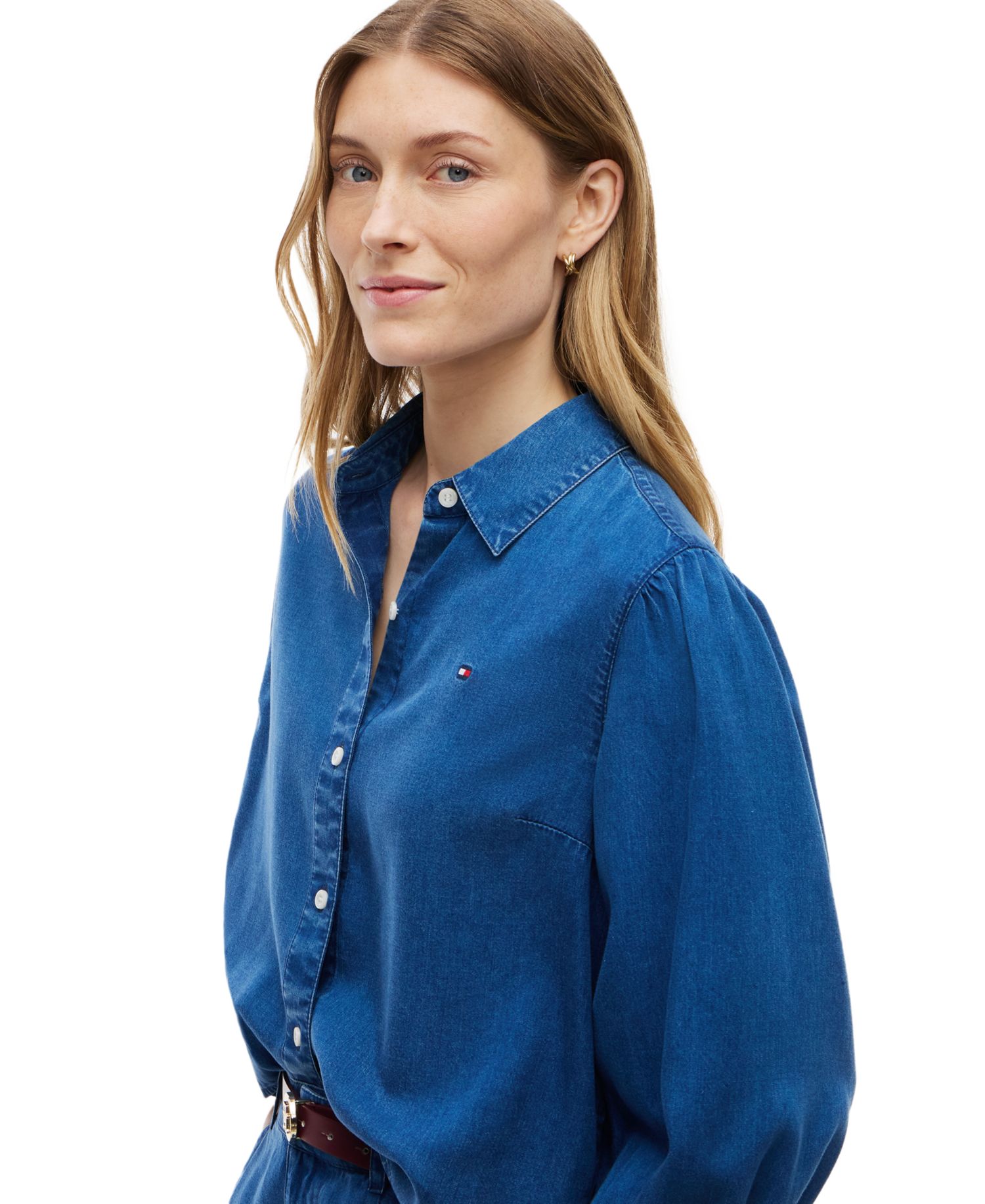 Women's Chambray Puff-Sleeve Button-Front Shirt