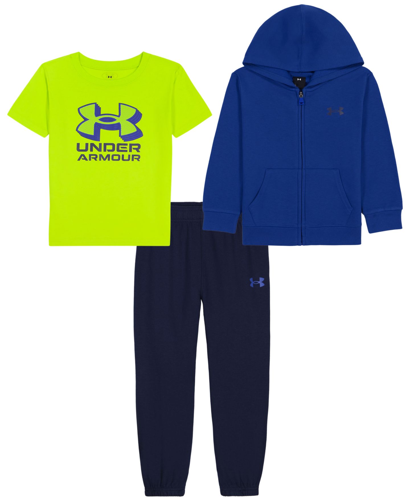 Детский комплект Under Armour: худи, футболка и брюки, 2-7 лет, 3 предмета, цвет: Королевский синий / Зелёный — фото 1