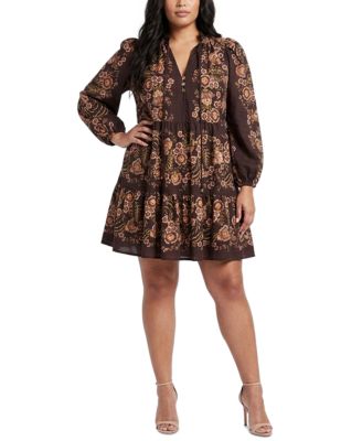 Plus Size Printed Chiffon Babydoll V-Neck Dress