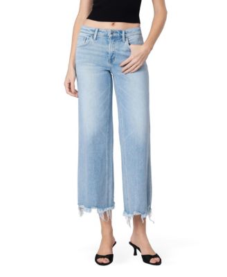 Women's Mid Rise Raw Distressed Hem Crop Wide Leg Jeans