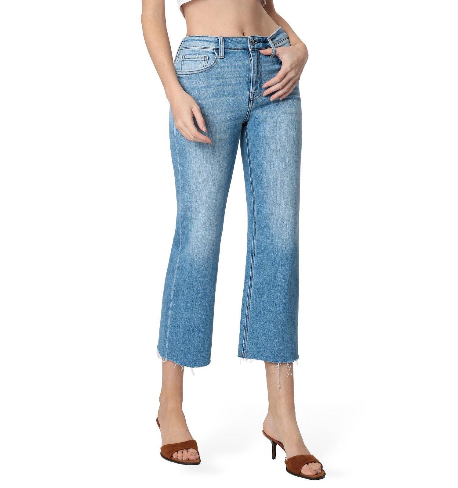 Women's High Rise Raw Hem Crop Slim Wide Leg Jeans
