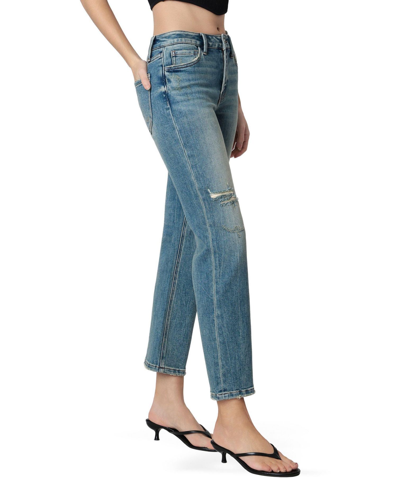 Women's Mid Rise Distressed Tinted Ankle Straight Jeans