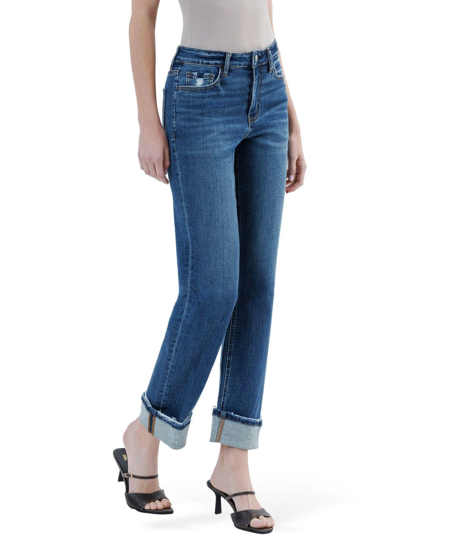 Women's High Rise Distressed Cuffed Straight Jeans