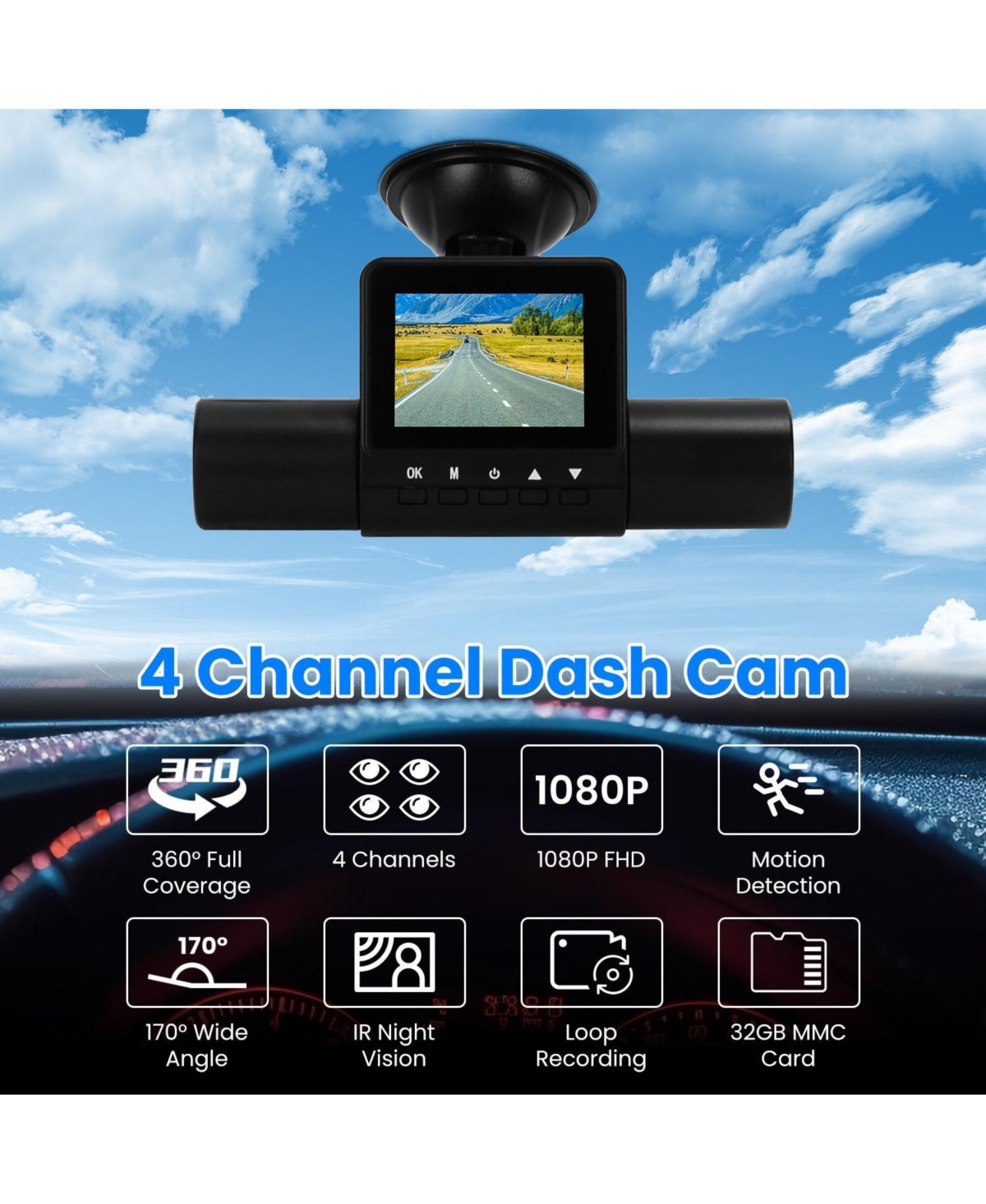 Neewer 1080P 4-Channel Dash Cam with Night Vision, Loop Recording, Parking Monitor