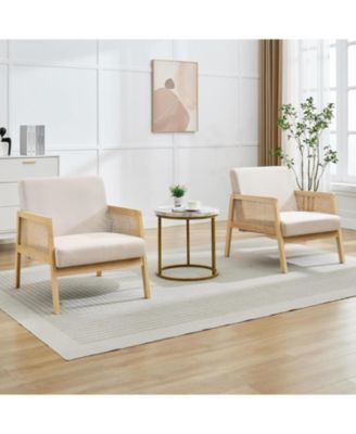 Set of 2 Mid Century Accent Armchairs – Upholstered Linen Lounge Chairs with Rattan Details, Sturdy Wood Legs