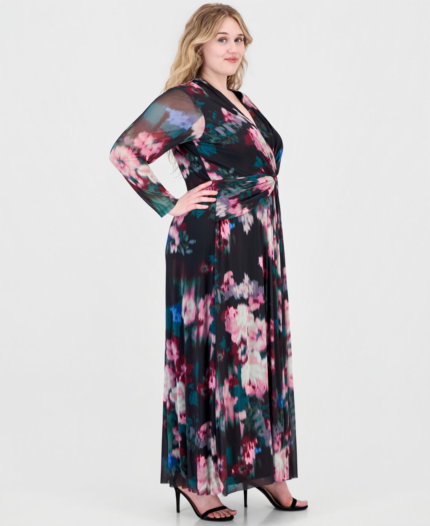 Женское платье Anne Klein Plus Twist Front Maxi Floral Long-Sleeve A-Line, цвет: Глубокий нефритовый — фото 4
