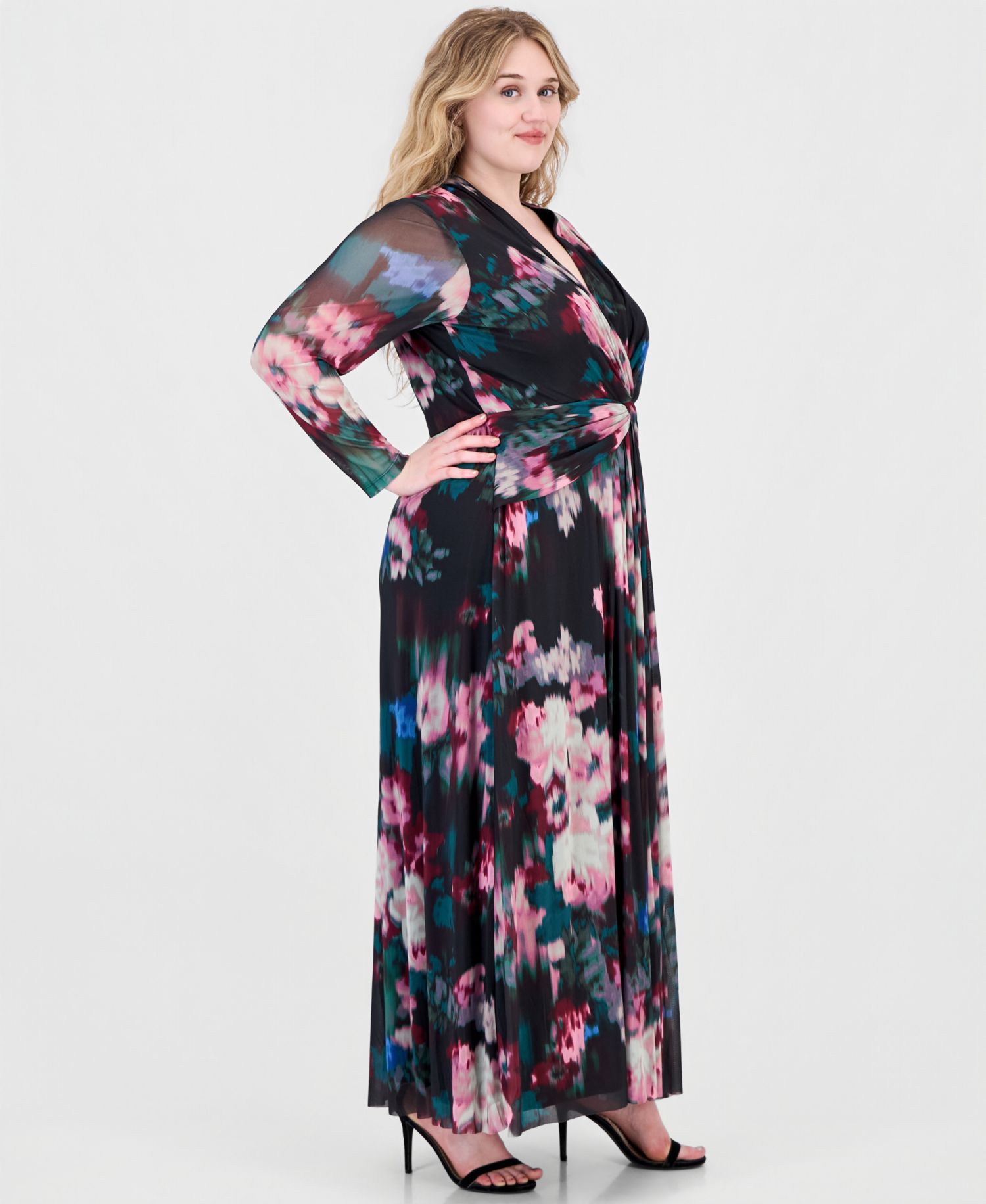 Plus Twist Front Maxi Floral Long-Sleeve A-Line Dress