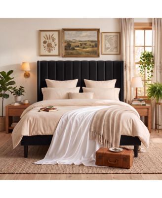 Upholstered Platform Bed Frame with 52 Inch High Vertical Channel Tufted Wingback Headboard, Wooden Slat Support, No Box Spring Needed