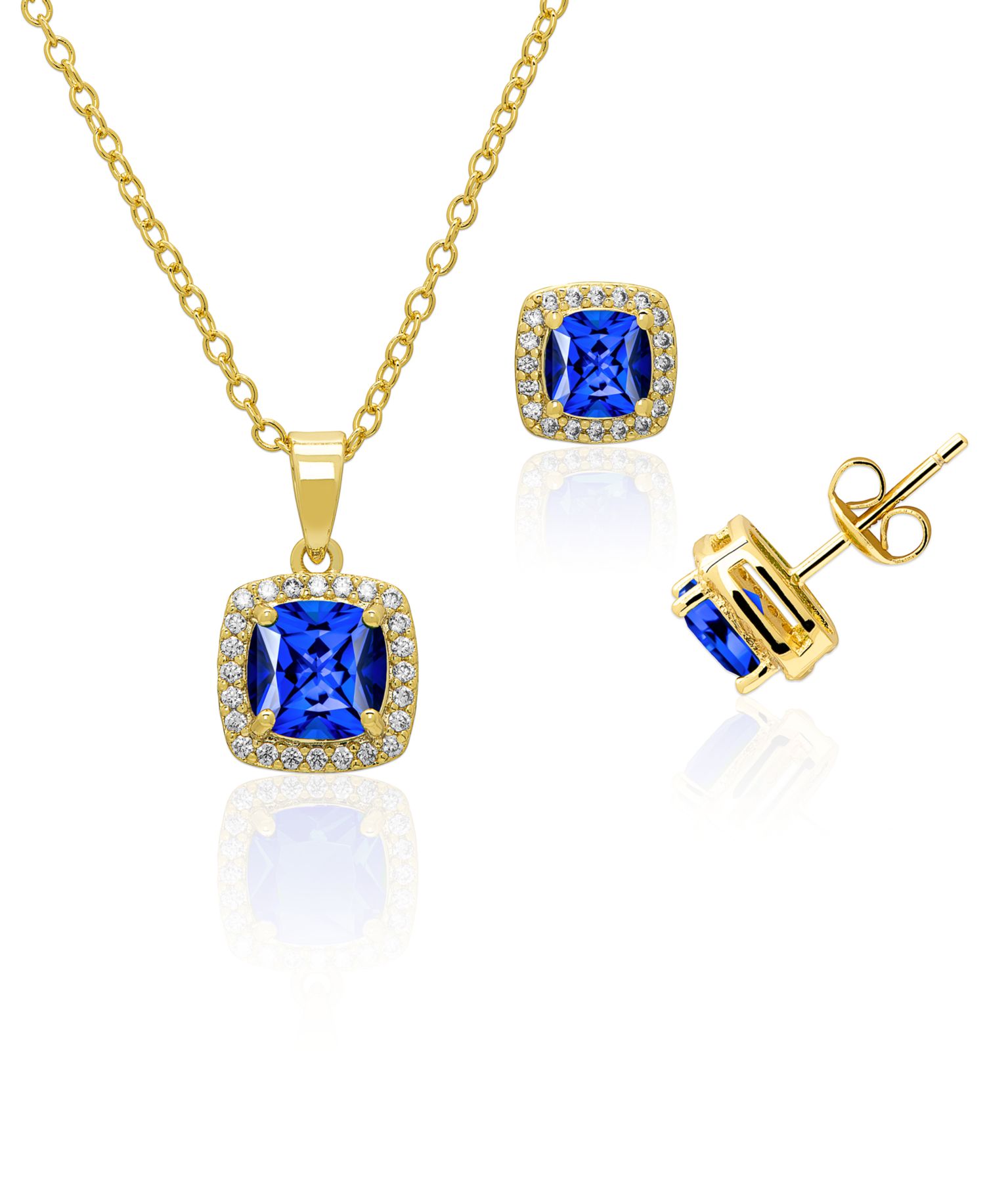 Cushion Simulated Gemstone Halo Pendant Necklace with Matching Stud Earrings 2-Piece Set