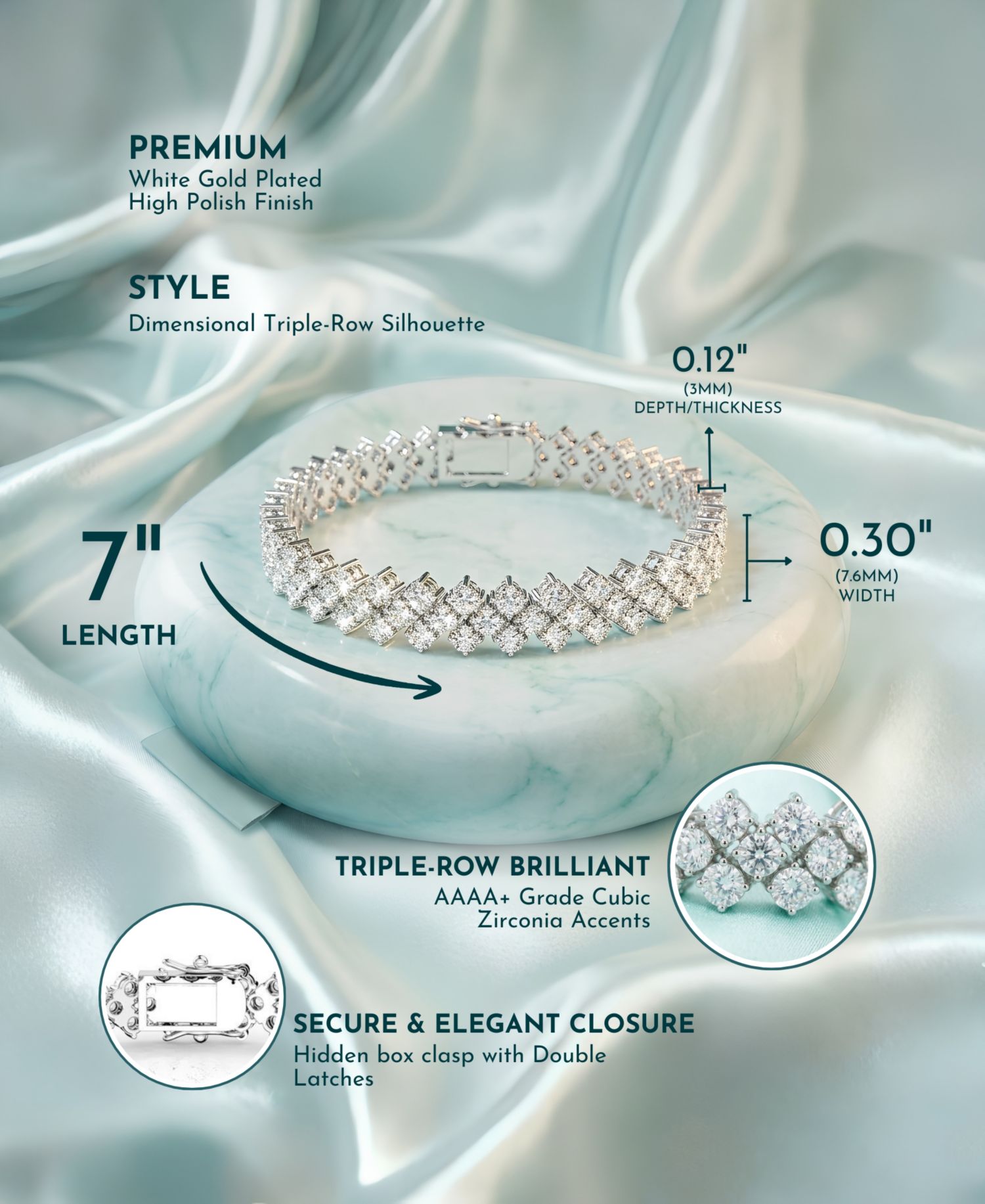 Elegant White Gold Plated Clear CZ Triple-Row Bracelet