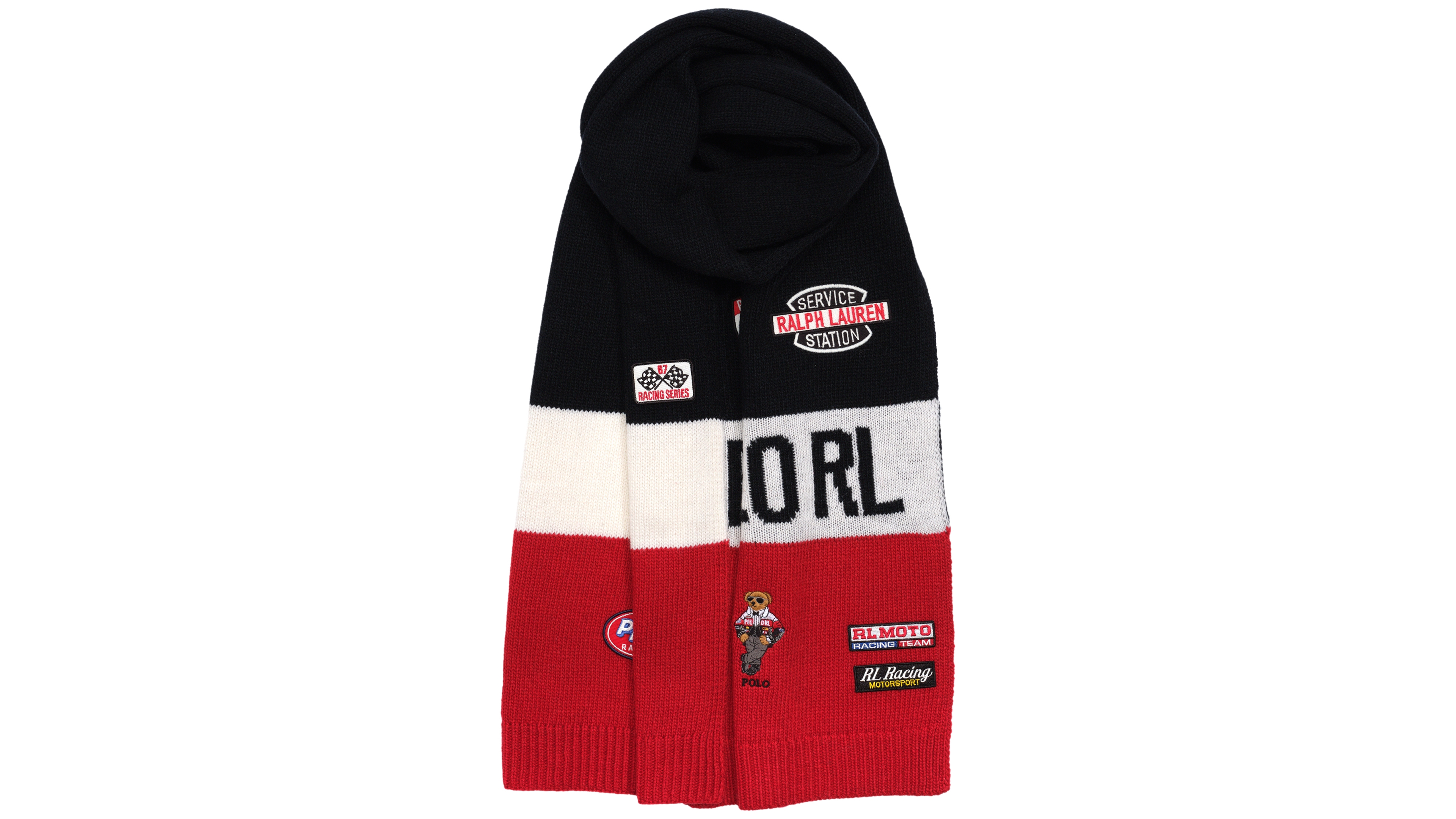 Polo Ralph Lauren Embroidered Motobear Knit Racing Bear Scarf