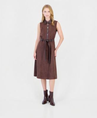 Women's Fit-and-Flare Collared Sleeveless Faux Suede Midi Dress