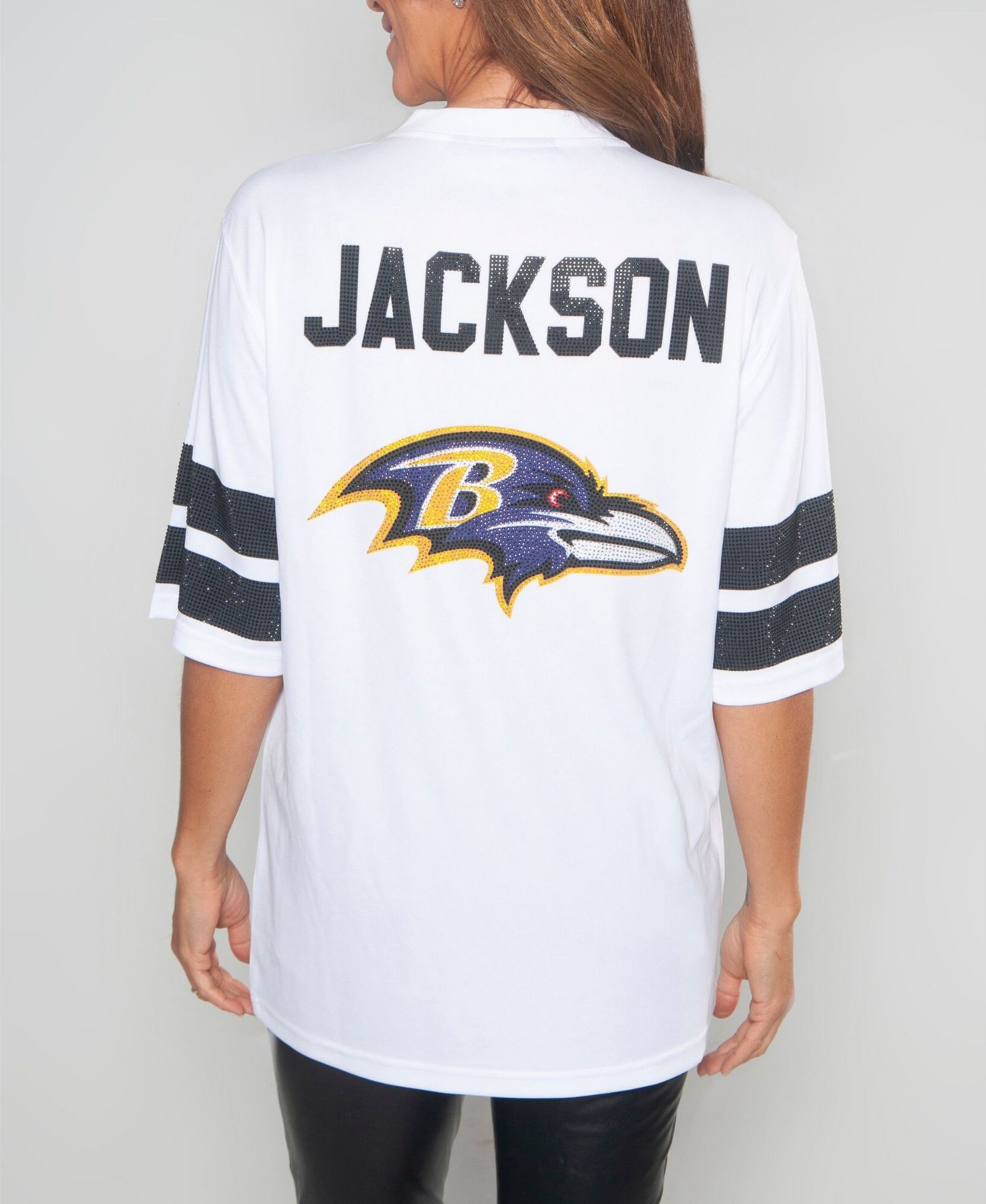 Women's Lamar Jackson White Baltimore Ravens Crystal V-Neck Tunic Top
