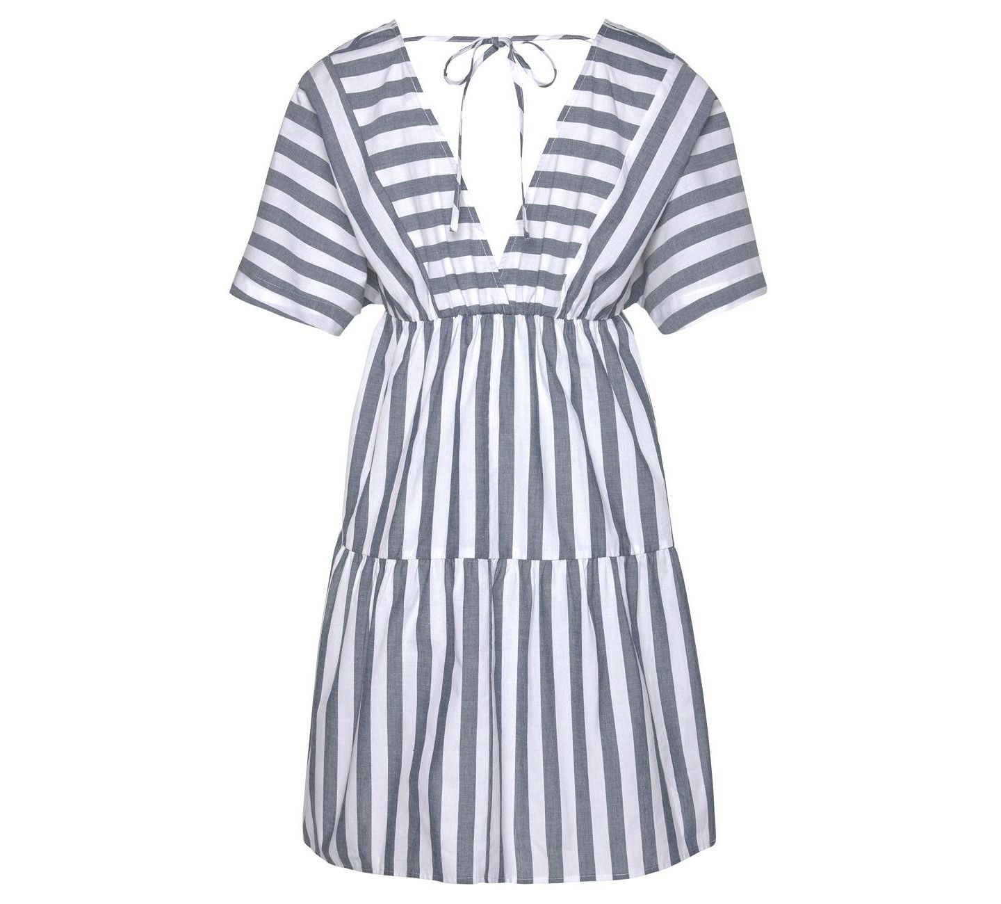 Женское платье LASCANA Cotton Striped Tiered V-Neck Elastic-Waist Short, цвет: Синий серый полосатый — фото 7