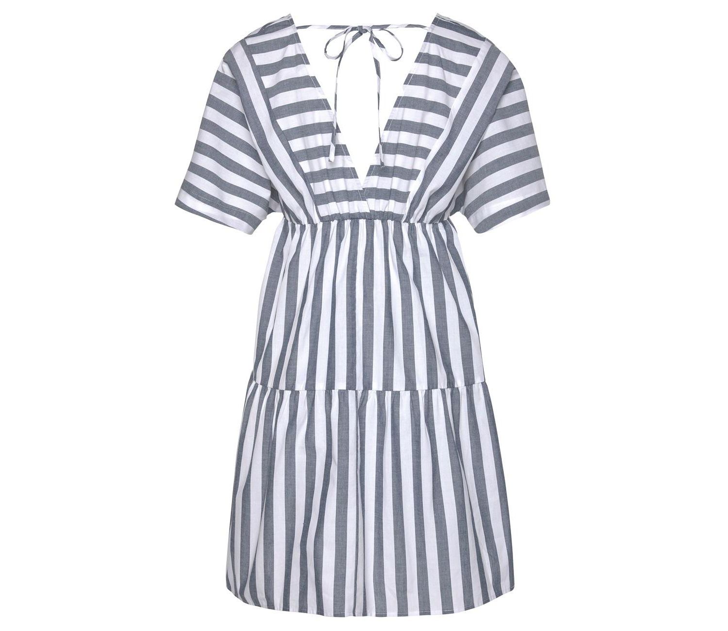 Women's Cotton Striped Tiered V-Neck Elastic-Waist Short Dress