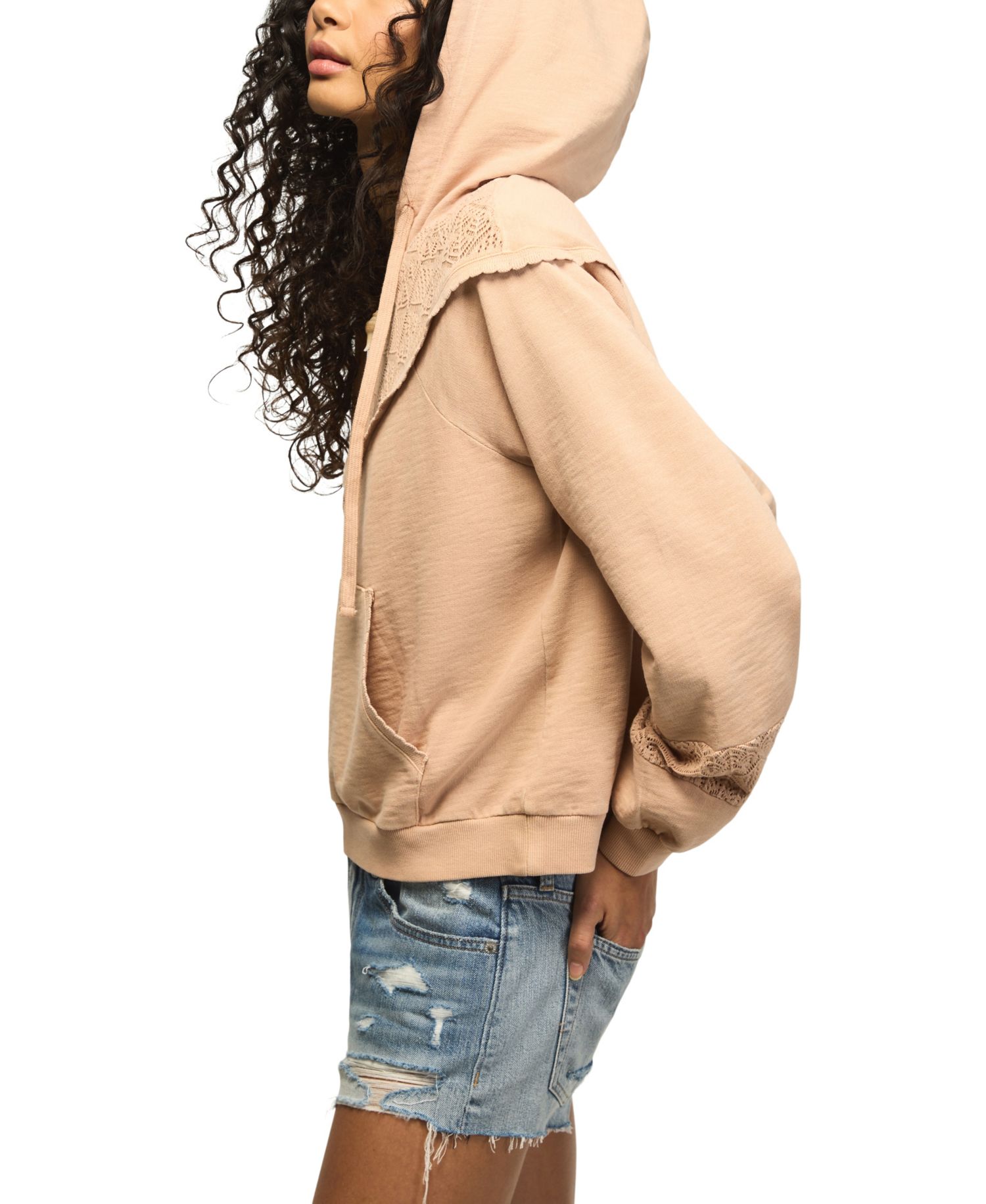 Women's Crochet-Yoke V-Neck Hoodie