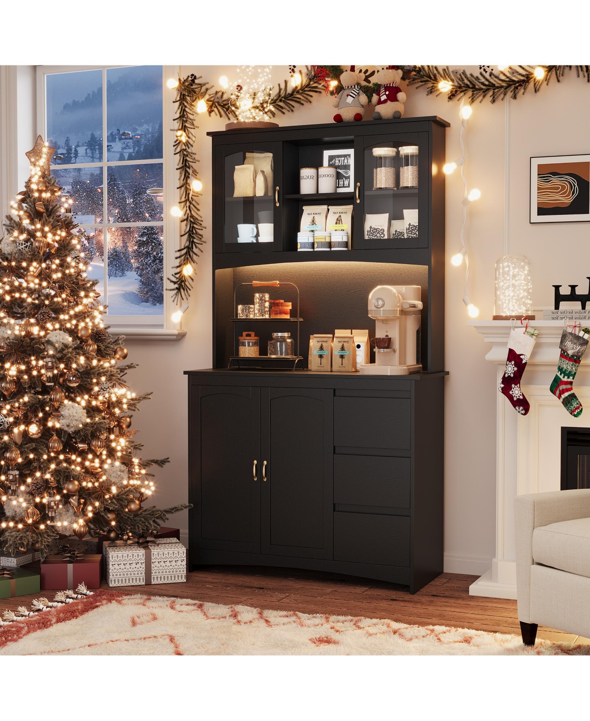 homfan 71" Tall Kitchen Pantry Cabinet with Led Lights and Charging Station, 3 Drawers, Glass Doors, Adjustable Shelves