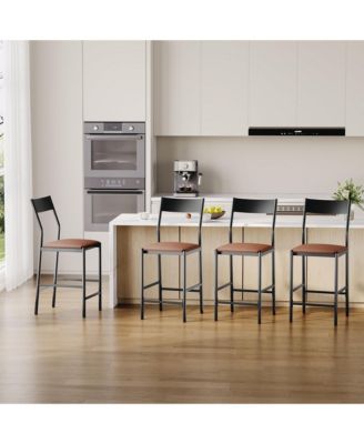 Modern Counter Height Bar Stools Set of 4, PU Leather Kitchen Stools with Backrest and Footrest, 24 Inch and 26 Inch