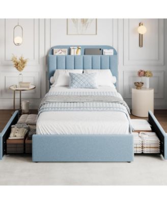 Twin XL Bed Frame with Storage Headboard, Boucle Kids Bed Frame with 2 Drawers, Upholstered Platform Bed Frame with Bookcase