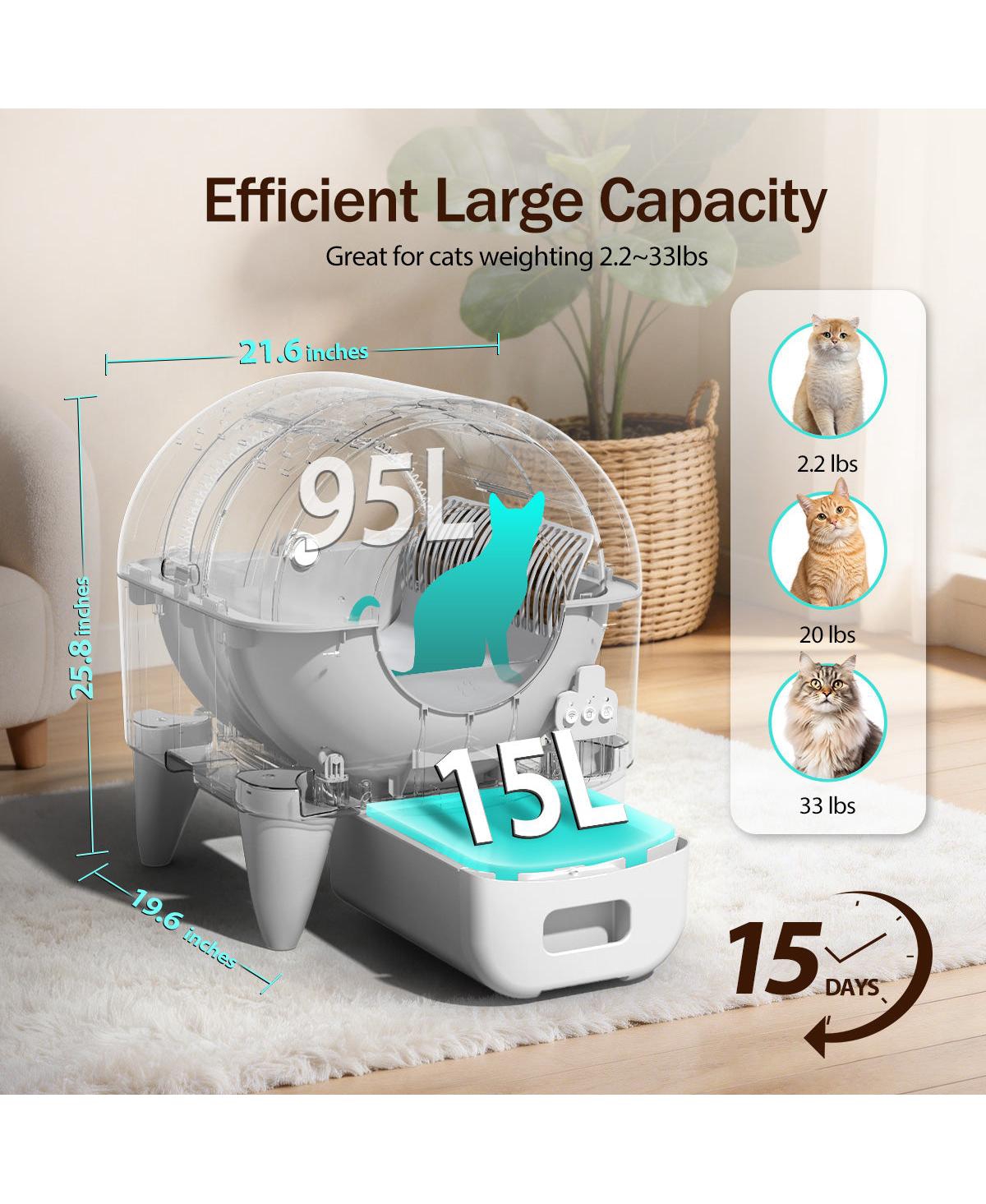 Cumrige Smart Automatic Cat Litter Box with App Control, 95L Interior, 15L Sealed Waste Drawer and Quiet Night Mode