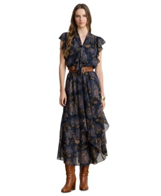 Women's Floral Crinkle Georgette Tie-Neck Midi Dress