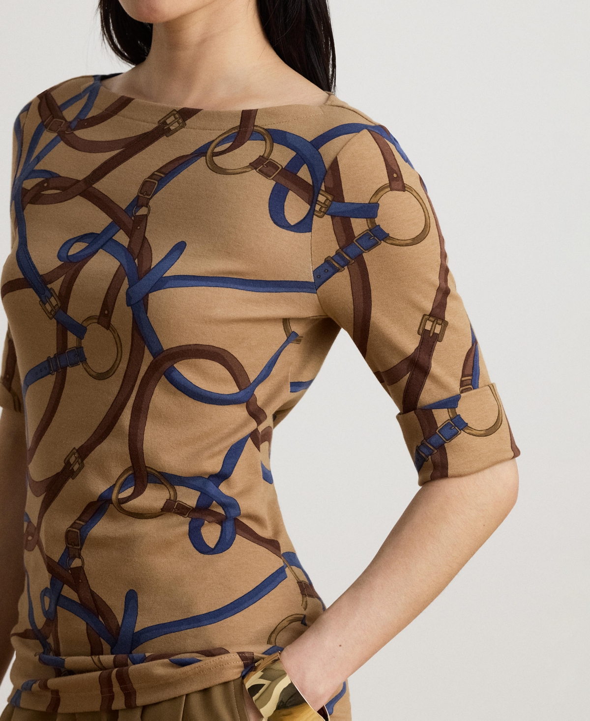 Lauren Ralph Women's Belting Print Boat Neck Top
