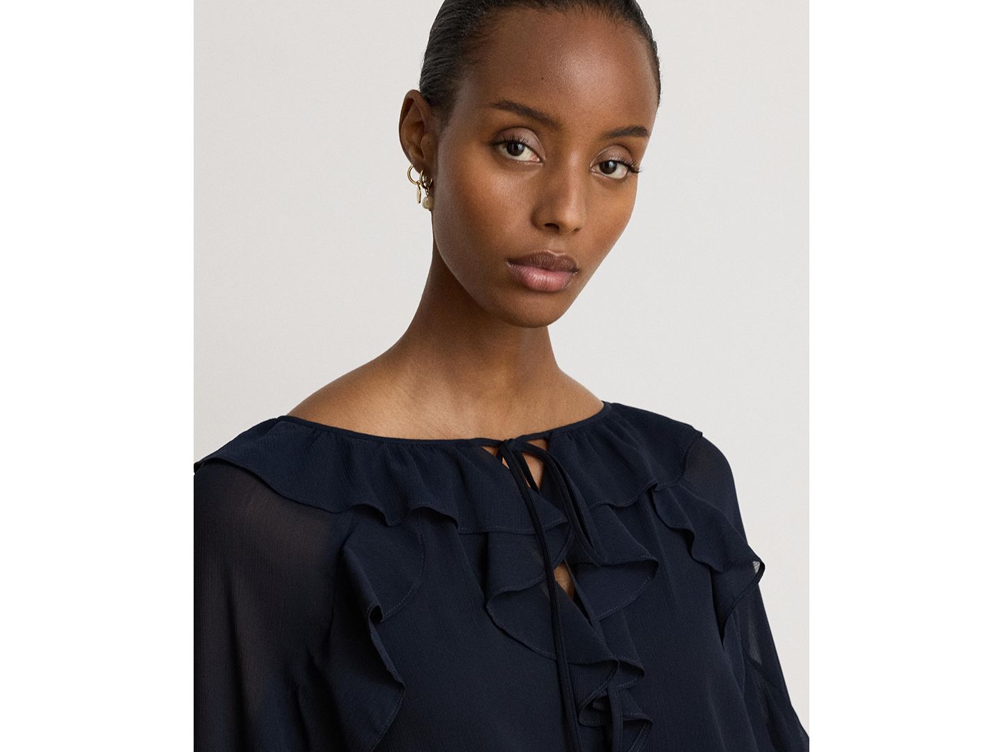 Женская блузка Lauren Ralph Lauren Ruffle-Trim Crinkle Georgette Blouse, цвет: Тёмно-синий — фото 3