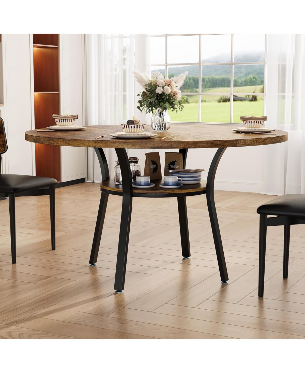 gaomon Round Dining Table for 4, Farmhouse Table with Storage Shelf