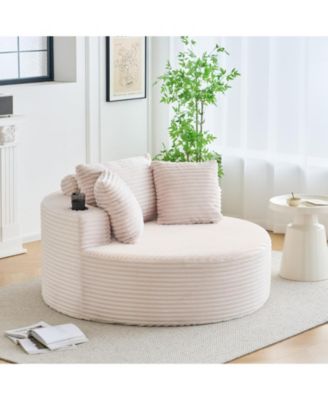 55 Inch Oversized Round Chaise Lounge Chair with Cup Holders Corduroy Circle Couch No Assembly