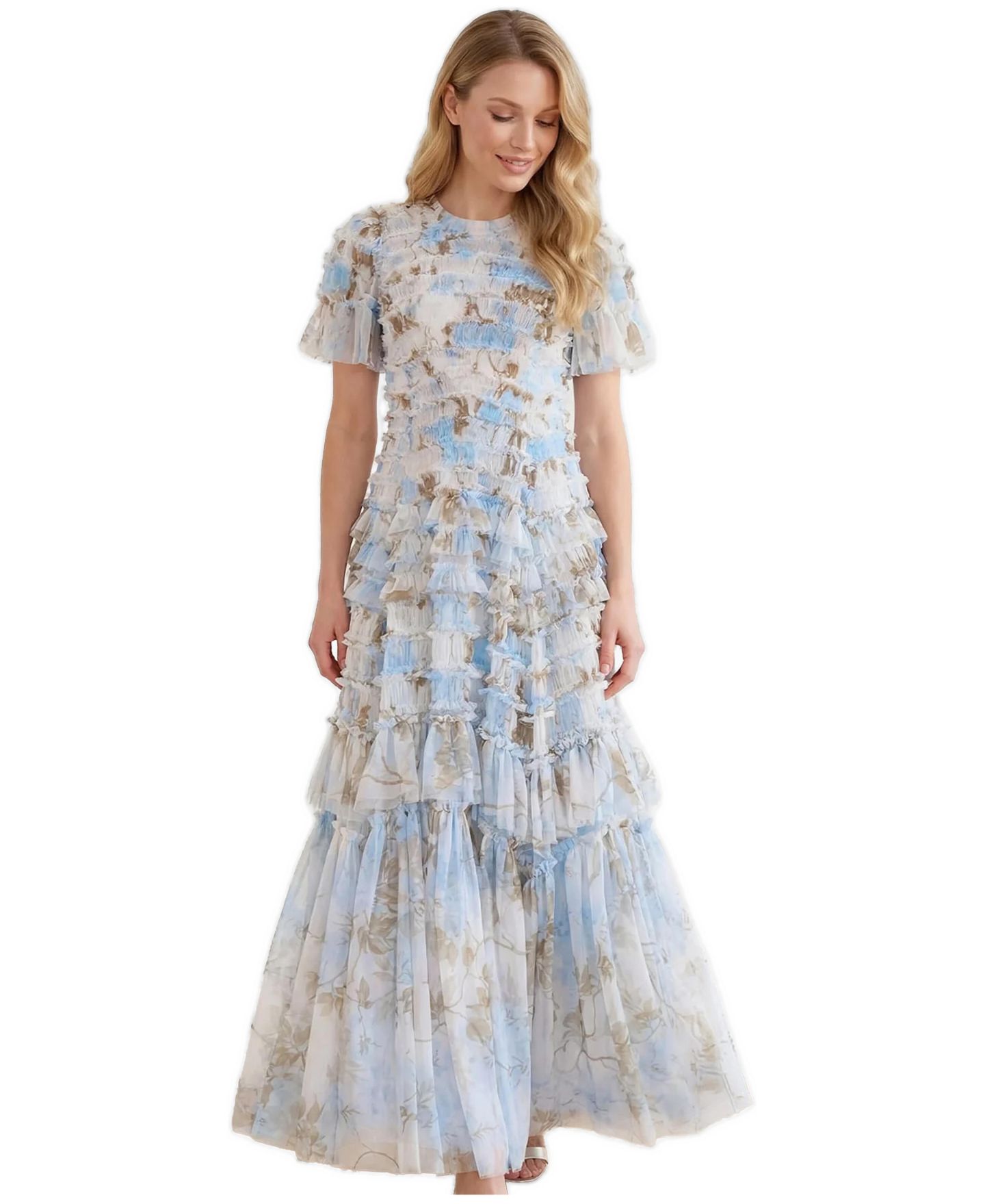 Женское платье Needle & Thread Wisteria Valentine Ruffle Gown, цвет: Оптический белый / Синий — фото 1