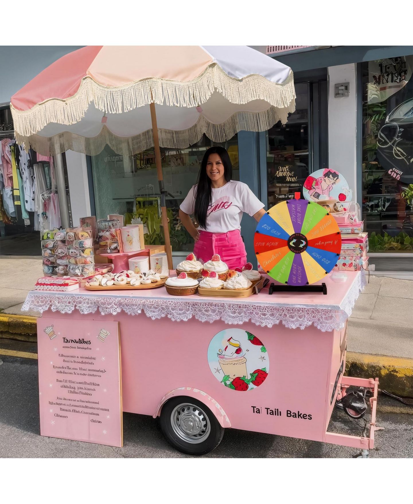 Детская игрушка WinSpin 24" Modular Prize Wheel Tabletop w/ Palm Springs Pink Fringe Umbrella for Outdoor Pop-up Shop Craft Booth, цвет: Natrual — фото 3
