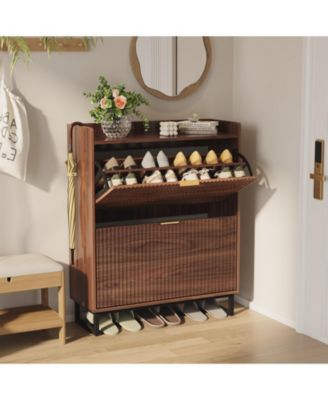 Shoe Storage Cabinet with 2 Flip Drawers, Narrow Wood Hidden Fluted Shoe Rack Organizer Cabinet for Entryway
