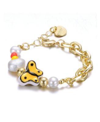 14k Yellow Gold Plated Multi Color Beads bracelet with Freshwater Pearls and a Butterfly Charm for Kids