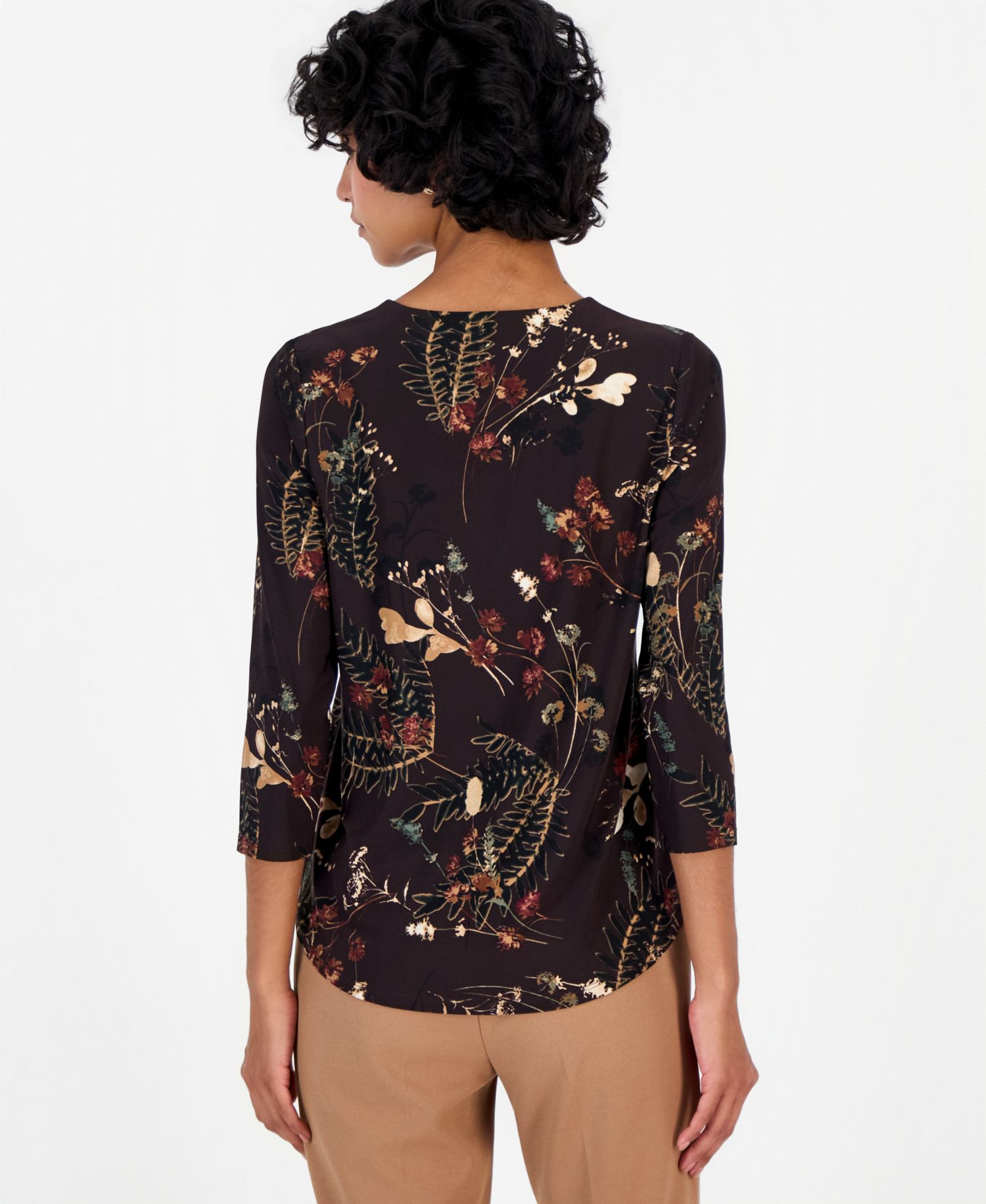 Petite 3/4-Sleeve Floral-Print Keyhole Top