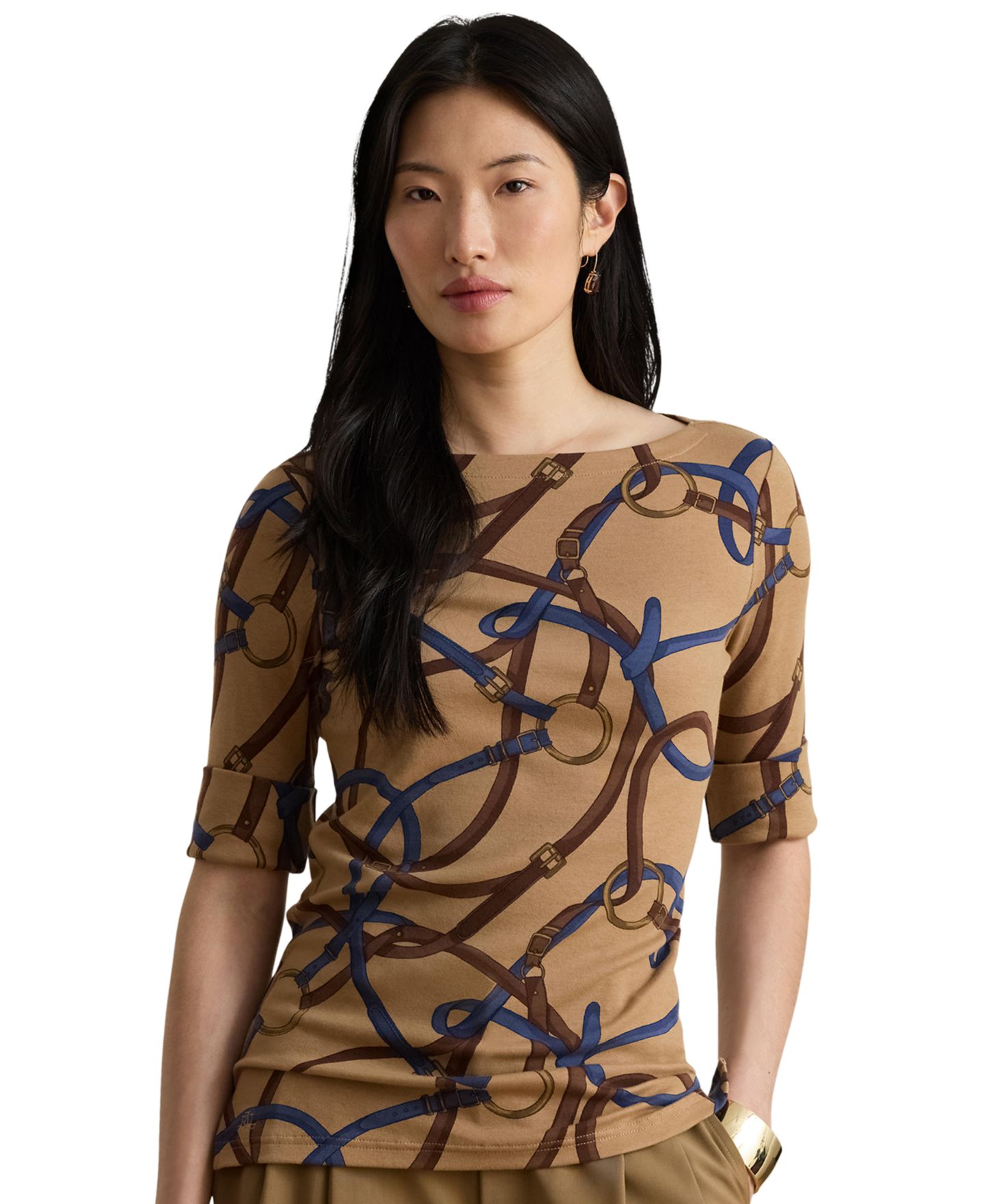 Женский топ Lauren Ralph Lauren Belting Print Boat Neck, цвет: Верблюжий разноцветный — фото 7