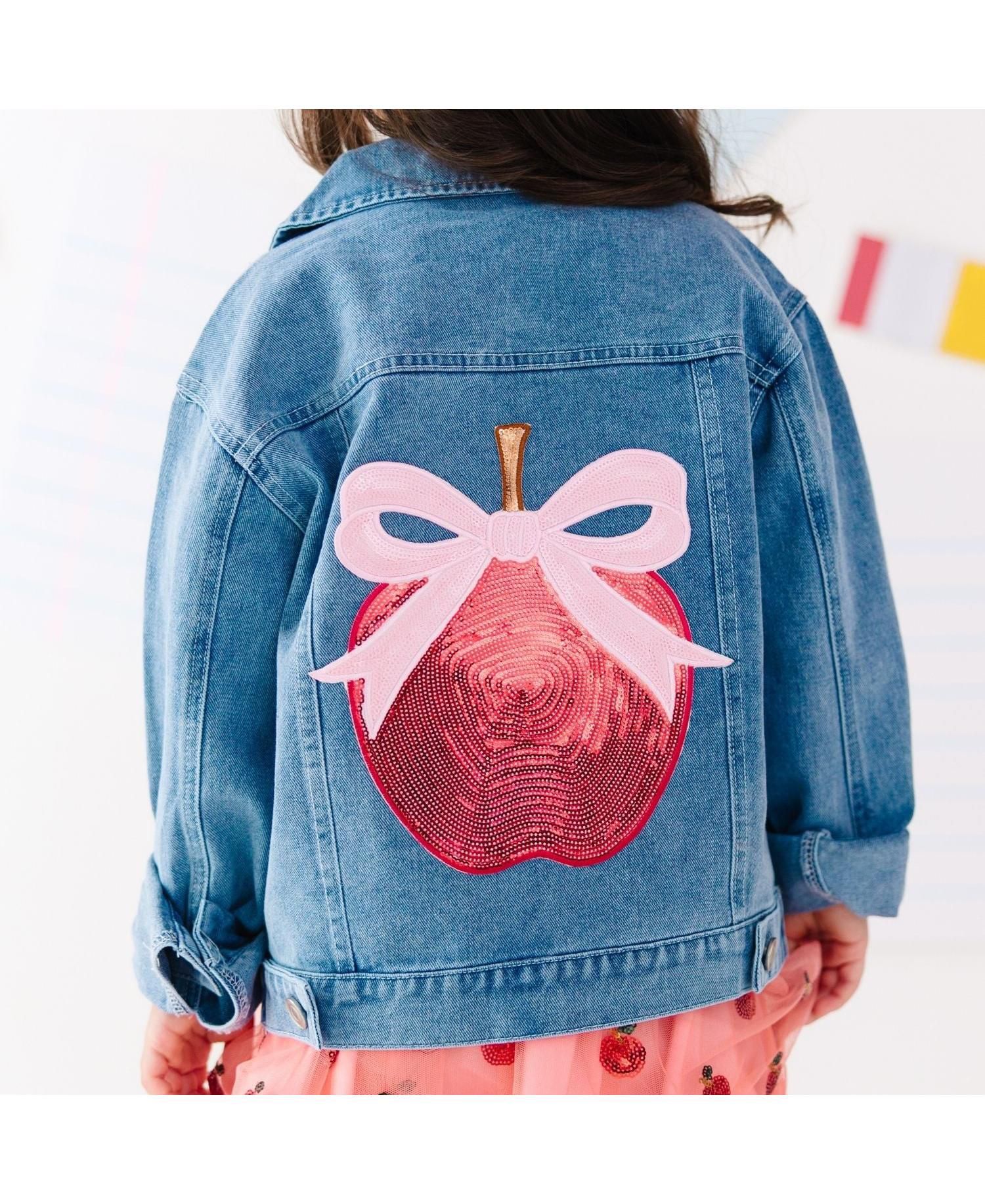 Little Girls Apple Bow Sequin Patch Denim Jacket