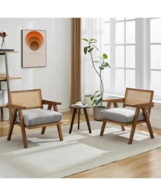 Mid Century Accent Chairs Set of 2, Rattan & Linen Cushion Armchairs