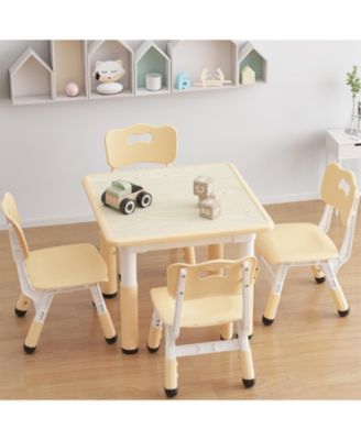 Kids Table and 4 Chairs Set with Graffiti Desktop, Height Adjustable Toddler Table and Chairs, 4 in 1 Play Table for Reading, Drawing, Playing