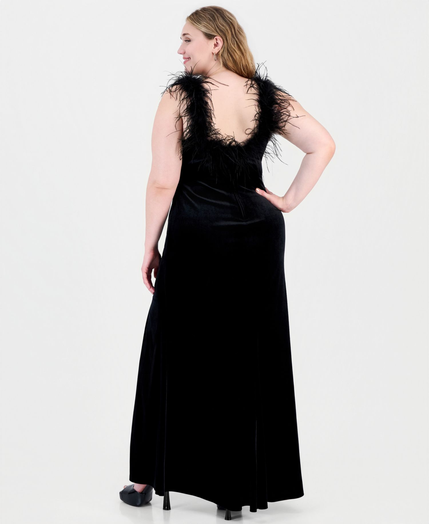 Plus Size Velvet High-Neck Feather Trim Gown